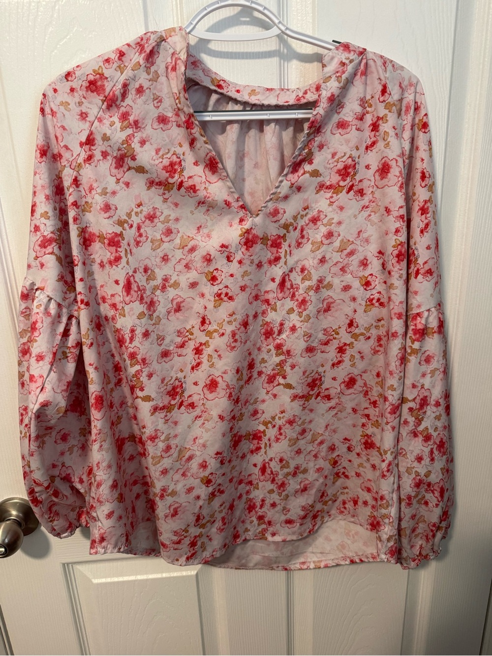 SHEIN Pink and Red Floral V-Neck Blouse